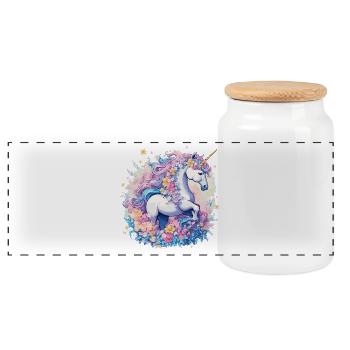 Pastel Unicorn with Flower Crown Ring - Panoramic Cookie Jar with Wooden Lid - white - Front