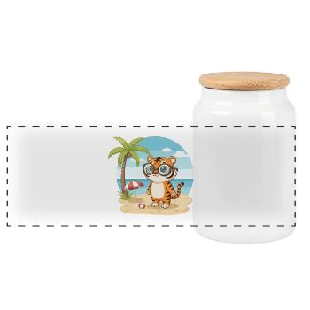 Cute Tiger with Glasses Beach Summer Vacation - Panoramic Cookie Jar with Wooden Lid - white - Front