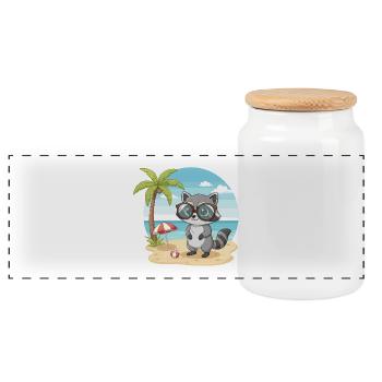 Cute Raccoon with Glasses Beach Summer Vacation - Panoramic Cookie Jar with Wooden Lid - white - Front