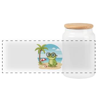 Cute Frog with Glasses Beach Summer Vacation - Panoramic Cookie Jar with Wooden Lid - white - Front