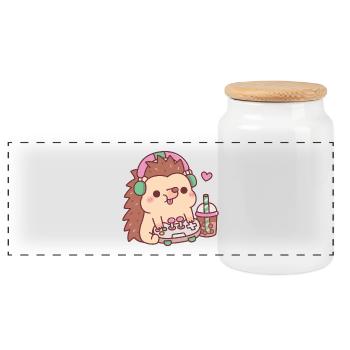 Cute Hedgehog With Game Controller And Boba Tea - Panoramic Cookie Jar with Wooden Lid - white - Front