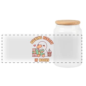 Cute Duck Ducking Reality In Books Funny - Panoramic Cookie Jar with Wooden Lid - white - Front