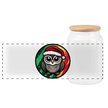 Christmas Owl Cartoon Round - Panoramic Cookie Jar with Wooden Lid - white - Front