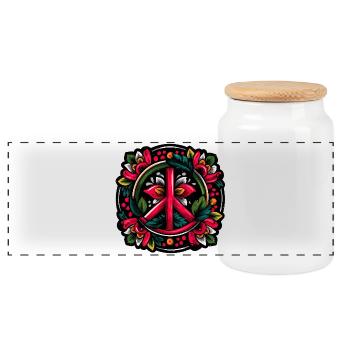 Peace Symbol im bunten Surfer Sticker Style - Panorama Keksdose mit Holzdeckel - Weiß - Vorne