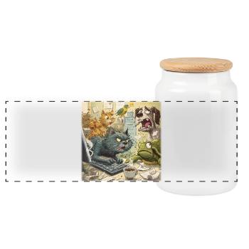 Chaos in the animal office - Panoramic Cookie Jar with Wooden Lid - white - Front