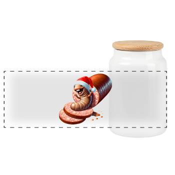Salami Made Santa Caricature - Panoramic Cookie Jar with Wooden Lid - white - Front