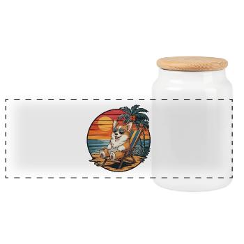 Drôle de chien corgi sur la plage pendant le coucher de soleil des vacances d’été - Boîte à biscuits avec couvercle en bois - blanc - Devant
