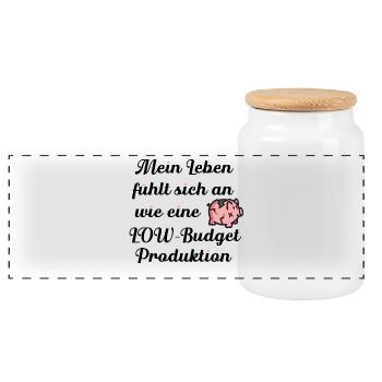 Low Budget Mood – Funny Broken Piggy Bank Cartoon - Panoramic Cookie Jar with Wooden Lid - white - Front