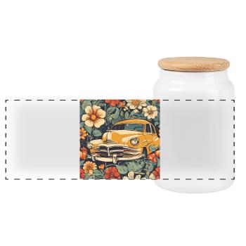 Voiture ancienne dans le cosmos fleuri - Boîte à biscuits avec couvercle en bois - blanc - Devant