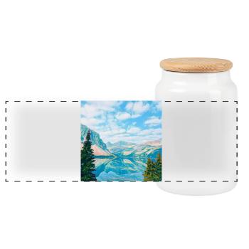 Sky blue mountain lake reflection - Panoramic Cookie Jar with Wooden Lid - white - Front