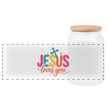 Jesus loves You - Panoramic Cookie Jar with Wooden Lid - white - Front