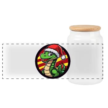 Dino Santa in the Christmas circle - Panoramic Cookie Jar with Wooden Lid - white - Front