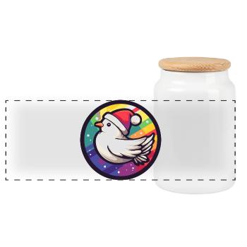 Christmas Bird in Rainbow Ring - Panoramic Cookie Jar with Wooden Lid - white - Front