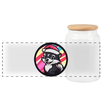 Christmas Skunk Cartoon - Panoramic Cookie Jar with Wooden Lid - white - Front