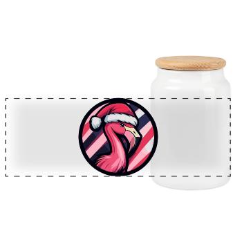 Flamingo Santa Christmas Design - Panoramic Cookie Jar with Wooden Lid - white - Front