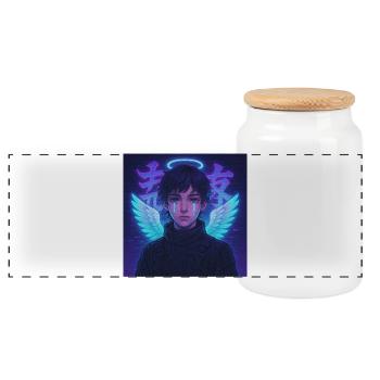 Cyberpunk Angel E-Boy Y2K Synthwave Art - Panorama Keksdose mit Holzdeckel - Weiß - Vorne