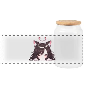 Anime Girl with Cat Neko Girl - Panoramic Cookie Jar with Wooden Lid - white - Front