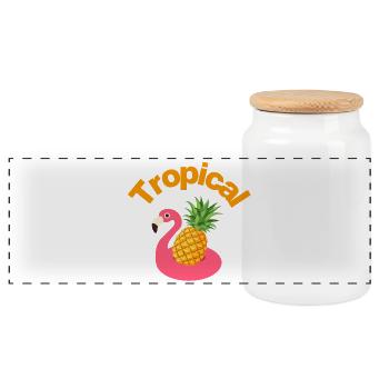 Tropical Vibes. Flamingo & Pineapple. Vacation, Time Out - Panoramic Cookie Jar with Wooden Lid - white - Front