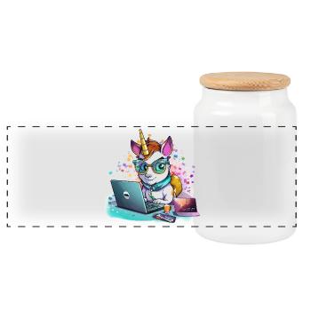 Laptop-Unicorn mit Brille und Glitzer - Panorama Keksdose mit Holzdeckel - Weiß - Vorne