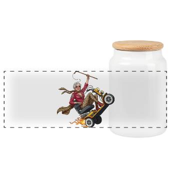 Granny on racer with flames - Panoramic Cookie Jar with Wooden Lid - white - Front