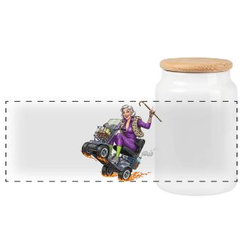 Granny purple on racing mobility scooter - Panoramic Cookie Jar with Wooden Lid - white - Front