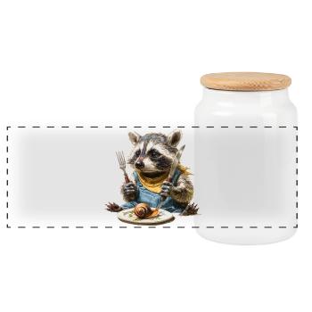 Waschbär-Küchenchef mit Gabel und Messer - Panorama Keksdose mit Holzdeckel - Weiß - Vorne