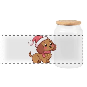 Kawaii Christmas Dog with Red Hat - Panoramic Cookie Jar with Wooden Lid - white - Front