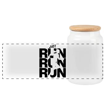 Just Run, Run Run Run, Joggerin, Rennen, Läuferin - Panorama Keksdose mit Holzdeckel - Weiß - Vorne