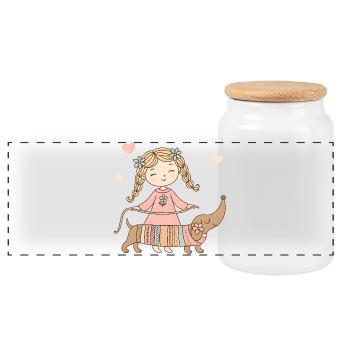Fille avec teckel – Dessin animalier pour enfants mignons - Boîte à biscuits avec couvercle en bois - blanc - Devant