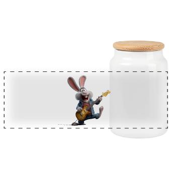 Rock bunny with electric guitar in cartoon style - Panoramic Cookie Jar with Wooden Lid - white - Front