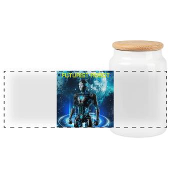 Futuristic robot in the neon cosmos - Panoramic Cookie Jar with Wooden Lid - white - Front