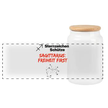 Zodiac sign Sagittarius – Freedom first - Panoramic Cookie Jar with Wooden Lid - white - Front