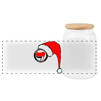 Antifa Christmas - Santa Claus - X-MAS-Aktion - Panoramic Cookie Jar with Wooden Lid - white - Front