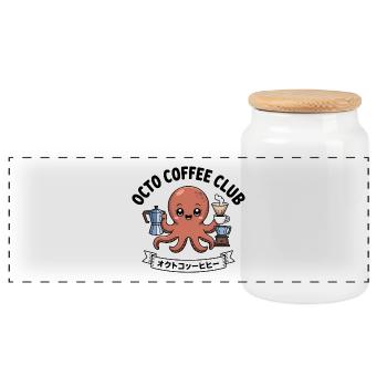 Octo Coffee Club – Lustiges Oktopus-T-Shirt - Panorama Keksdose mit Holzdeckel - Weiß - Vorne