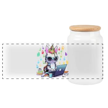 Unicorn tech gamer in creative studio - Panoramic Cookie Jar with Wooden Lid - white - Front