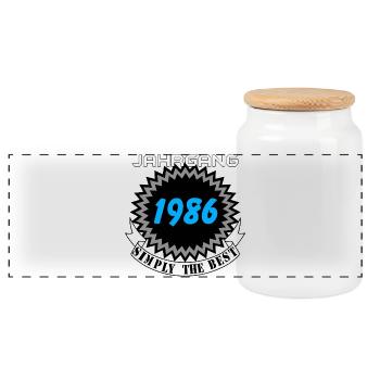 Vintage 1986 – Simply the Best - Panoramic Cookie Jar with Wooden Lid - white - Front
