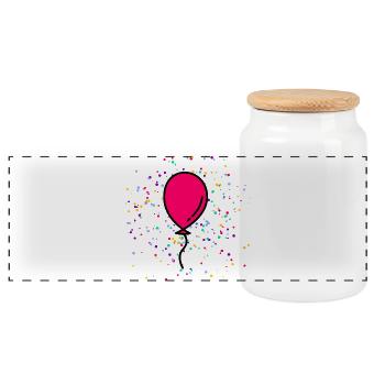 Ballon d’anniversaire rose devant des confettis colorés - Boîte à biscuits avec couvercle en bois - blanc - Devant