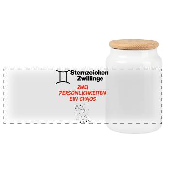 Sternzeichen Zwillinge Chaos-Edition, Geburtstag - Panorama Keksdose mit Holzdeckel - Weiß - Vorne