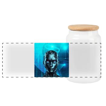 Robot Face - Panoramic Cookie Jar with Wooden Lid - white - Front