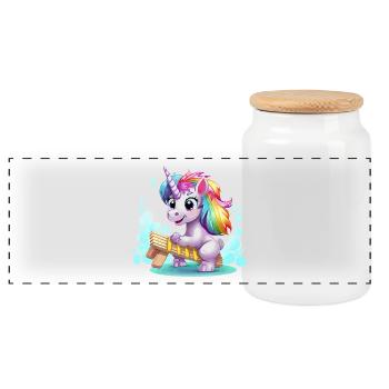 Regenbogen Einhorn Schlitten - Panorama Keksdose mit Holzdeckel - Weiß - Vorne