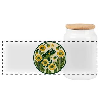 Green Frog in Yellow Poppy Garden - Panoramic Cookie Jar with Wooden Lid - white - Front