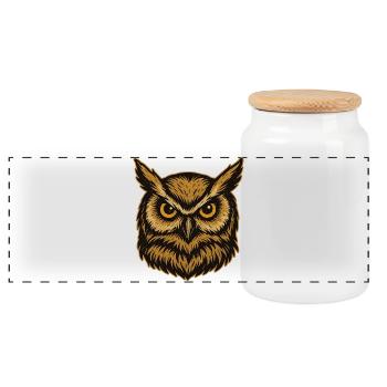 Golden Owl Head Illustration - Panoramic Cookie Jar with Wooden Lid - white - Front