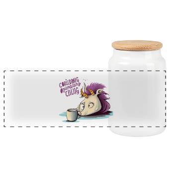 Weinendes Einhorn mit Kaffee-Motiv - Panorama Keksdose mit Holzdeckel - Weiß - Vorne