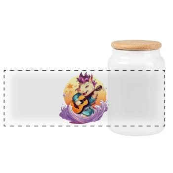 Kawaii Drache mit Gitarre am Meer - Panorama Keksdose mit Holzdeckel - Weiß - Vorne