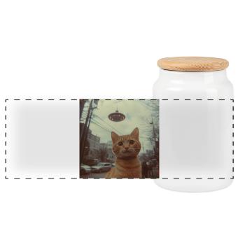 UFO cat over neon city - Panoramic Cookie Jar with Wooden Lid - white - Front