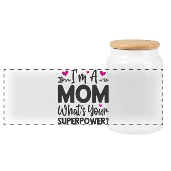 I'm a Mom. What's Your Superpower - Panoramic Cookie Jar with Wooden Lid - white - Front