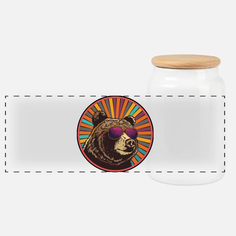 Bär mit Retro-Sonnenbrille - Panorama Keksdose mit Holzdeckel - Weiß