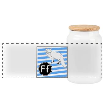 F for Fox (learning to read in primary school) - Panoramic Cookie Jar with Wooden Lid - white - Front