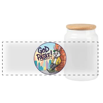 Happy Easter Bunny in the city skyline - Panoramic Cookie Jar with Wooden Lid - white - Front