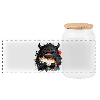 Monstre rieur câlin avec un chat dans les bras - Boîte à biscuits avec couvercle en bois - blanc - Devant